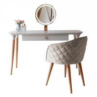 Manhattan Comfort 2-2530511020481 2-Piece HomeDock Vanity Dressing Table with Mirror Led Lights and Kari Accent Chair Set in Off White and Beige